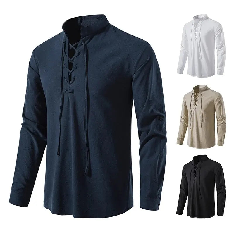 King Billion Men's Cotton Linen Shirt – Casual Long Sleeve V-Neck | S–XXXL