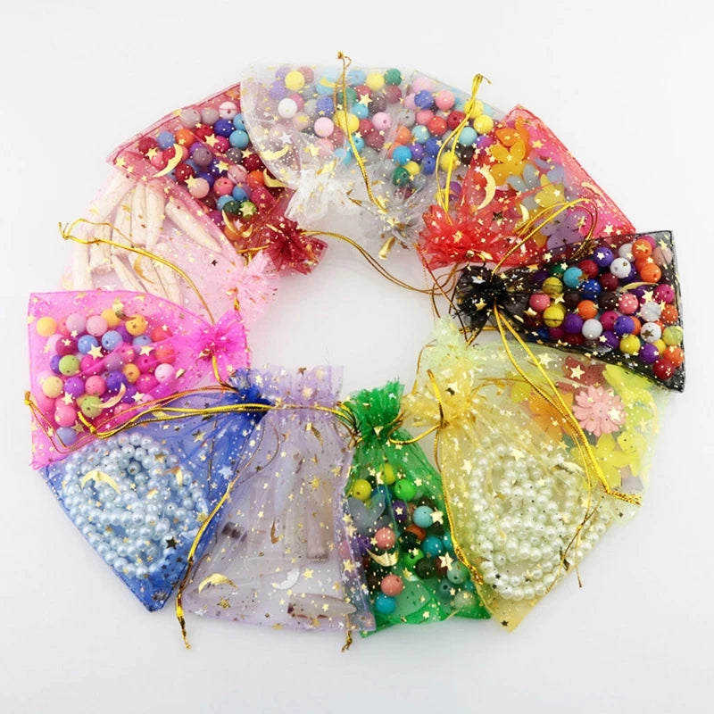 Moon & Stars Drawstring Organza Gift Bags | 50pcs Gold Star Favor Pouches for Weddings & Christmas