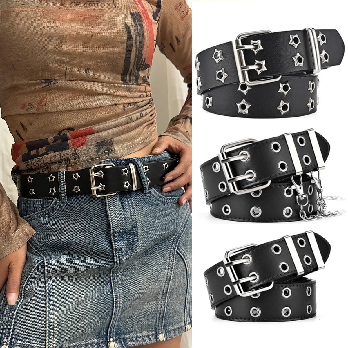 Women's Belt  Large size Double Hole Men Belt Punk Hip Hop Rock Style Subculture Y2K Belt Punch Free Belt for Men and Women