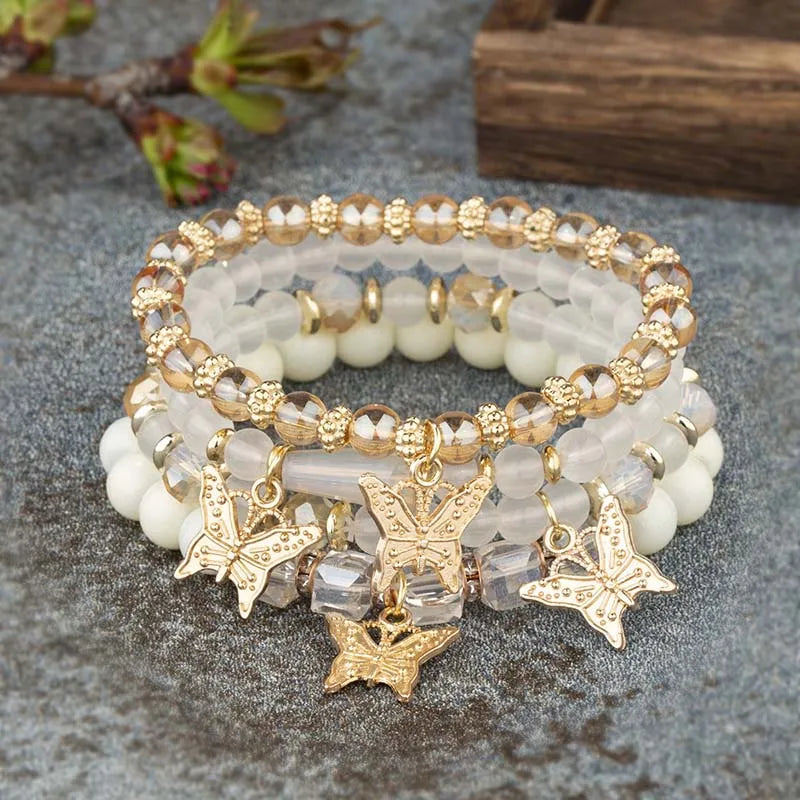 Butterfly Beaded Bracelet Set (4 Pcs)