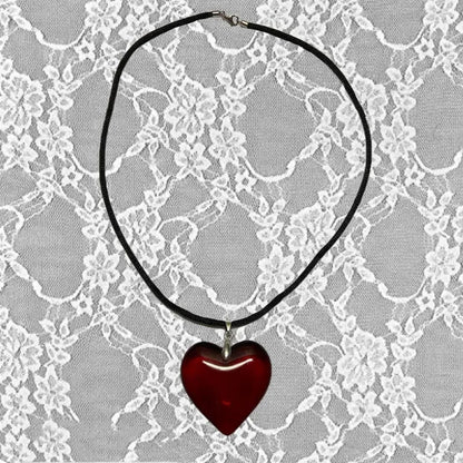 Women's Big Red Glass Heart Pendant Necklace | Y2K Crystal Stone Jewelry with Black String