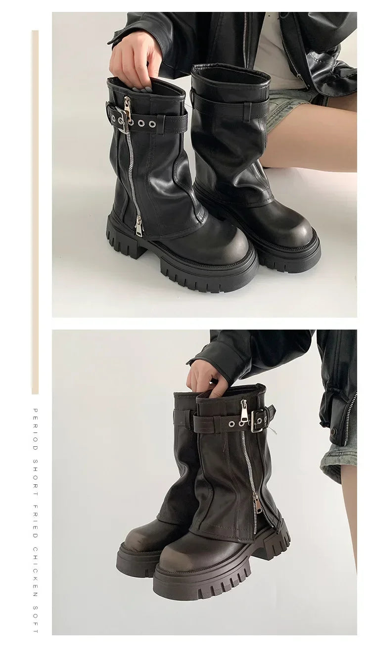 LEDP Women's Platform Biker Boots – Belt Buckle Mid-Calf Zip-Up Winter Boots