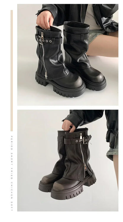 LEDP Women's Platform Biker Boots – Belt Buckle Mid-Calf Zip-Up Winter Boots