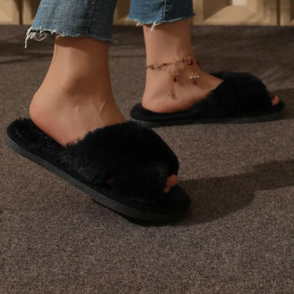 Cross Strap Fluffy Fur Slides for Women