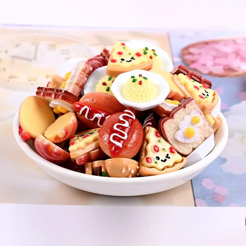 Hand-Painted Mini Pizza & Hamburger Resin Appliques | 10pcs Flat Back Miniature Food Decorations for DIY Crafts