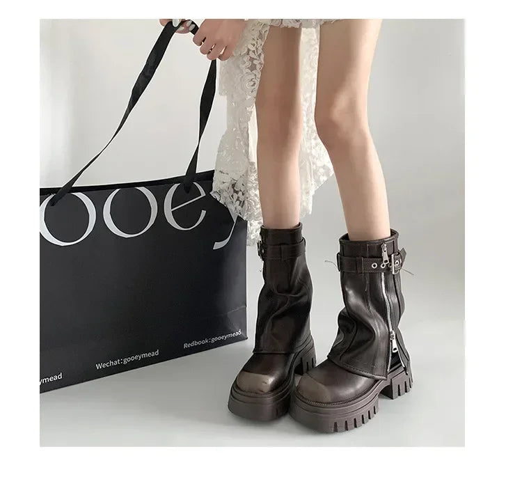 LEDP Women's Platform Biker Boots – Belt Buckle Mid-Calf Zip-Up Winter Boots
