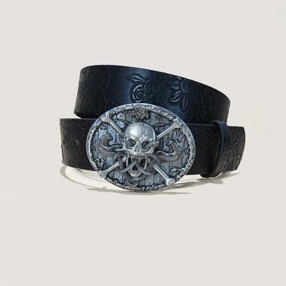 Men's Gothic Punk Skull Embossed Leather Belt Skeleton Reaper and Snake Designs