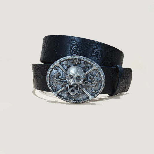 Men's Gothic Punk Skull Embossed Leather Belt Skeleton Reaper and Snake Designs