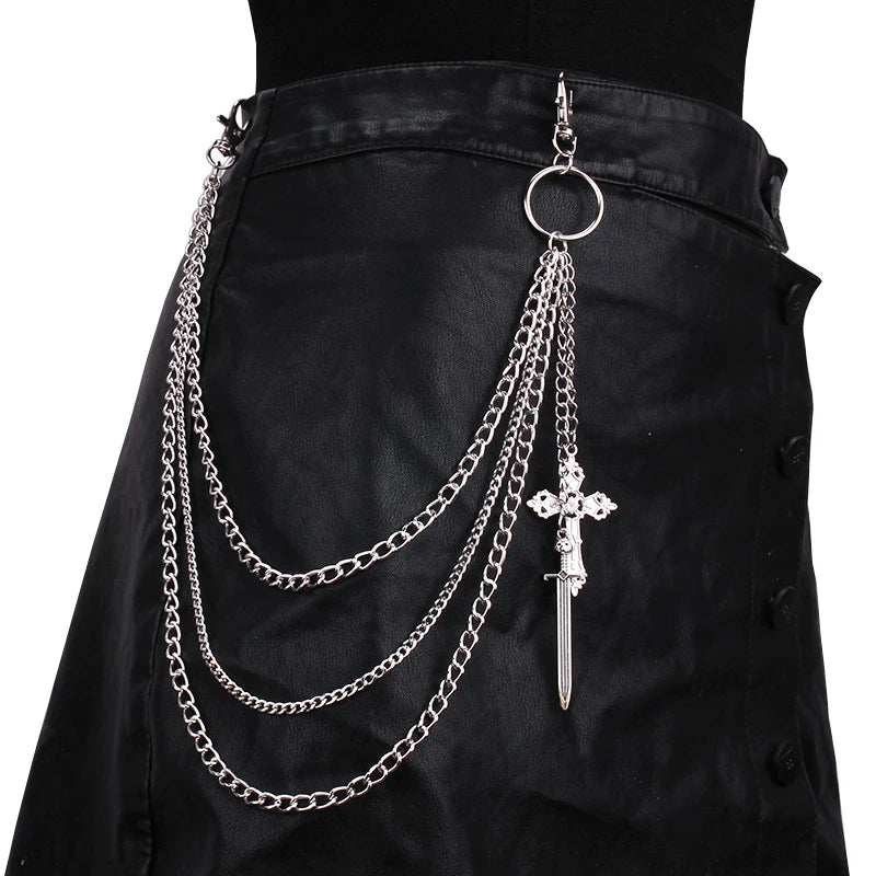 Men's Punk Spike Rivet Metal Pants Chain Belt Chain and Keychain