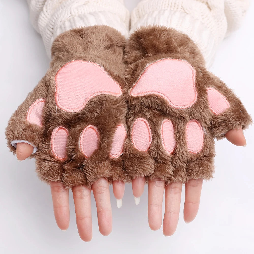 Cat Paw Plush Mittens – Cute Fingerless Fluffy Gloves for Women