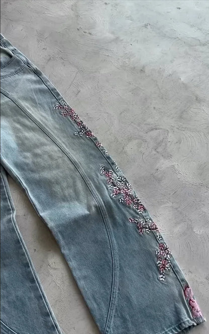 Cherry Blossom Embroidery Baggy Jeans for Men