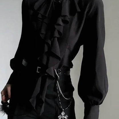 Women's Harajuku Vintage Black Bottoming Shirt | Stand Collar Ruffles Slim Japanese Victorian Long Sleeve Blouse