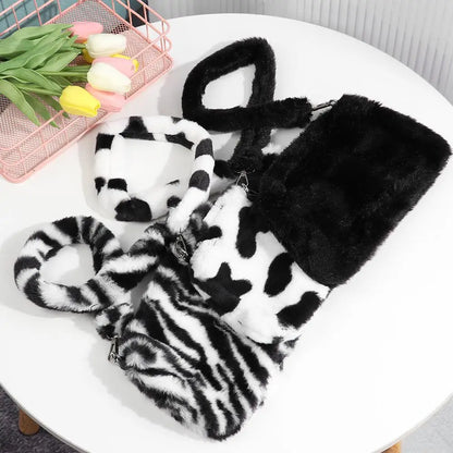 Women's Animal Print Leopard Plush Shoulder Bag | Casual Crossbody Messenger Bag for Ladies