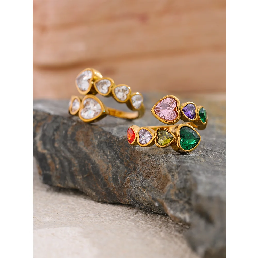 Cubic Zirconia Heart Open Ring in 18K Gold Plated Stainless Steel