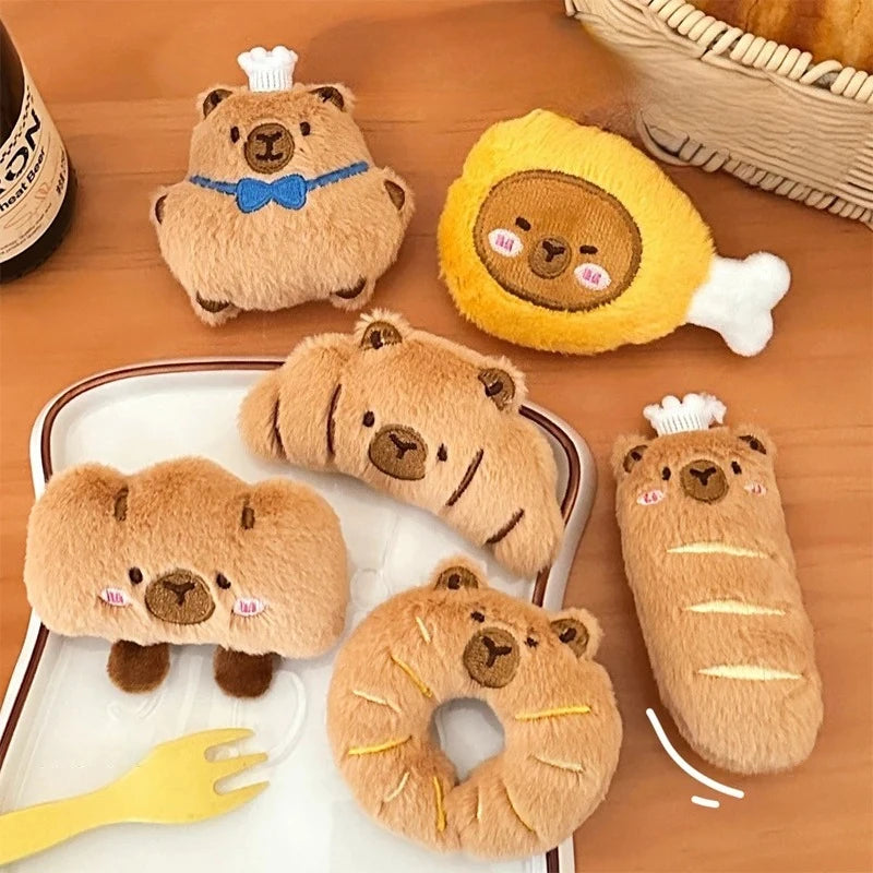 Cartoon Capybara & Croissant Plush Keychain | Soft Bread Food Stuffed Hanging Accessory