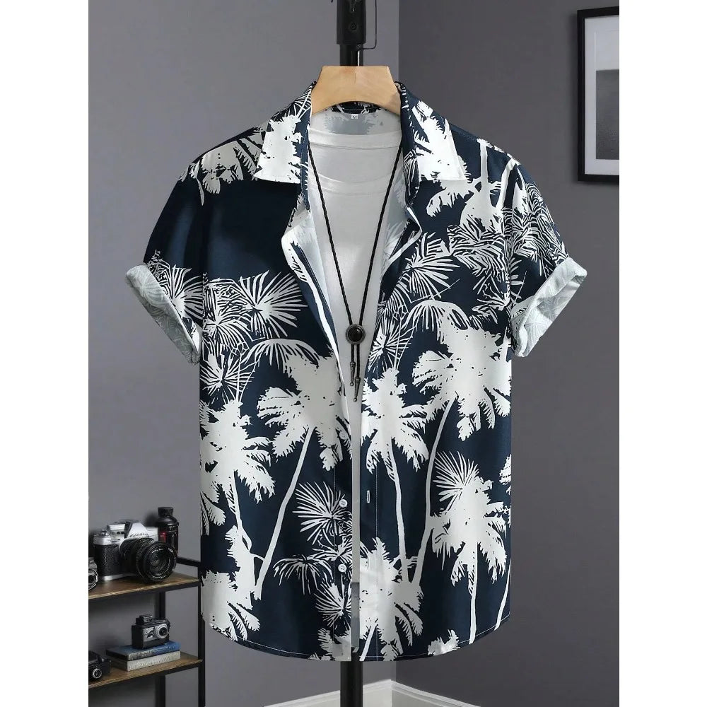 Men’s Tropical Palm Print Shirt – Casual Summer Button-Up Beach Shirt | Hawaiian Shirt Print Casual Thin Beach Slim Fashion Shirt High Quality Luxury Black Social Vintage | Oversized Clothes