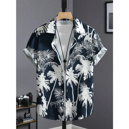 Men’s Tropical Palm Print Shirt – Casual Summer Button-Up Beach Shirt | Hawaiian Shirt Print Casual Thin Beach Slim Fashion Shirt High Quality Luxury Black Social Vintage | Oversized Clothes