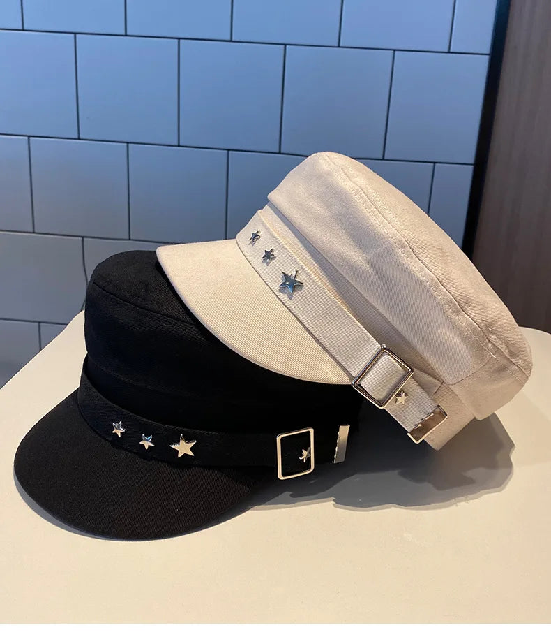 Women's Black Star Beret | British Retro Military Style Korean Fashion Cap for Spring, Autumn & Winter