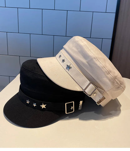 Women's Black Star Beret | British Retro Military Style Korean Fashion Cap for Spring, Autumn & Winter