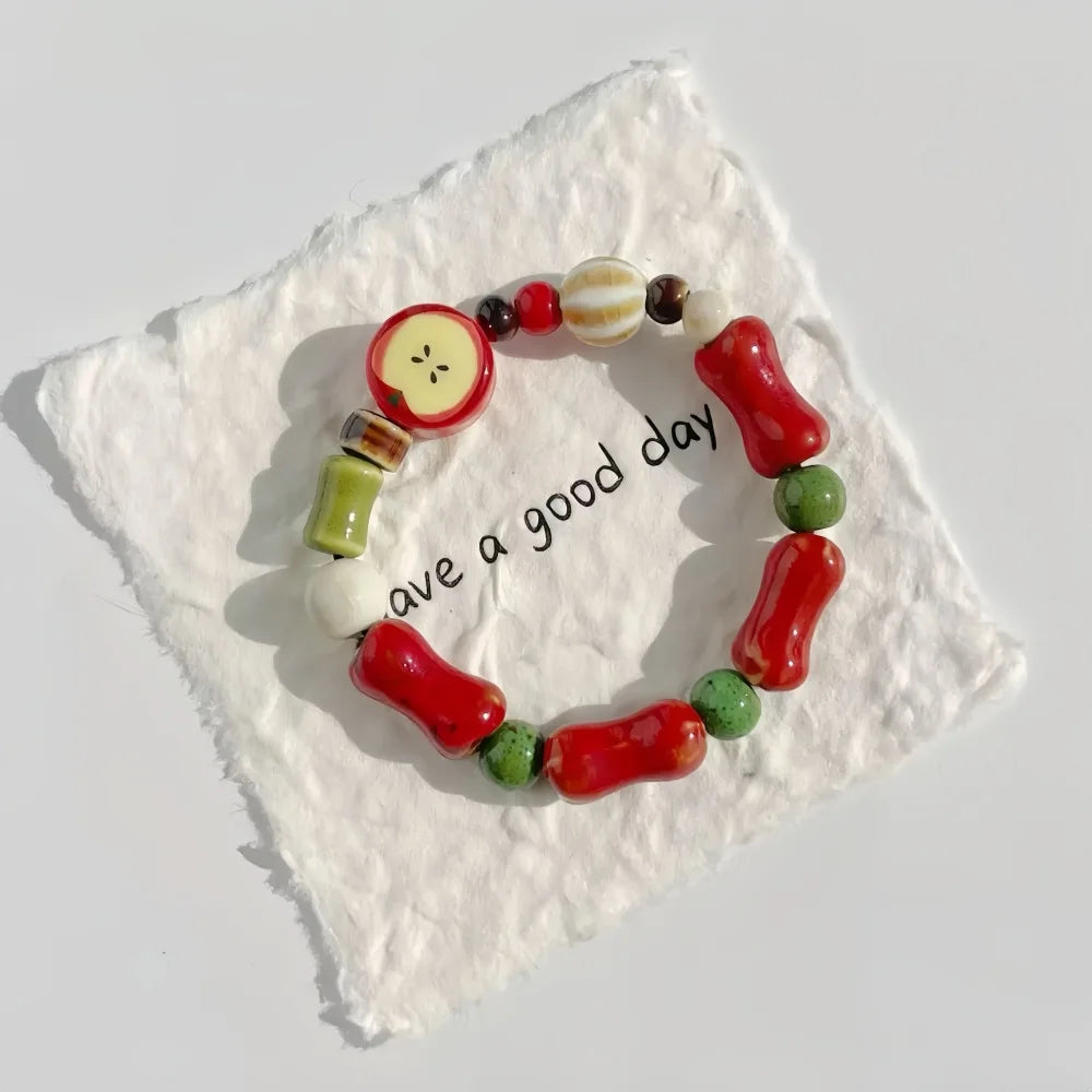Women's Retro Apple Ceramic Bead Bracelet | Cute Color Mixed Star Fashion Jewelry