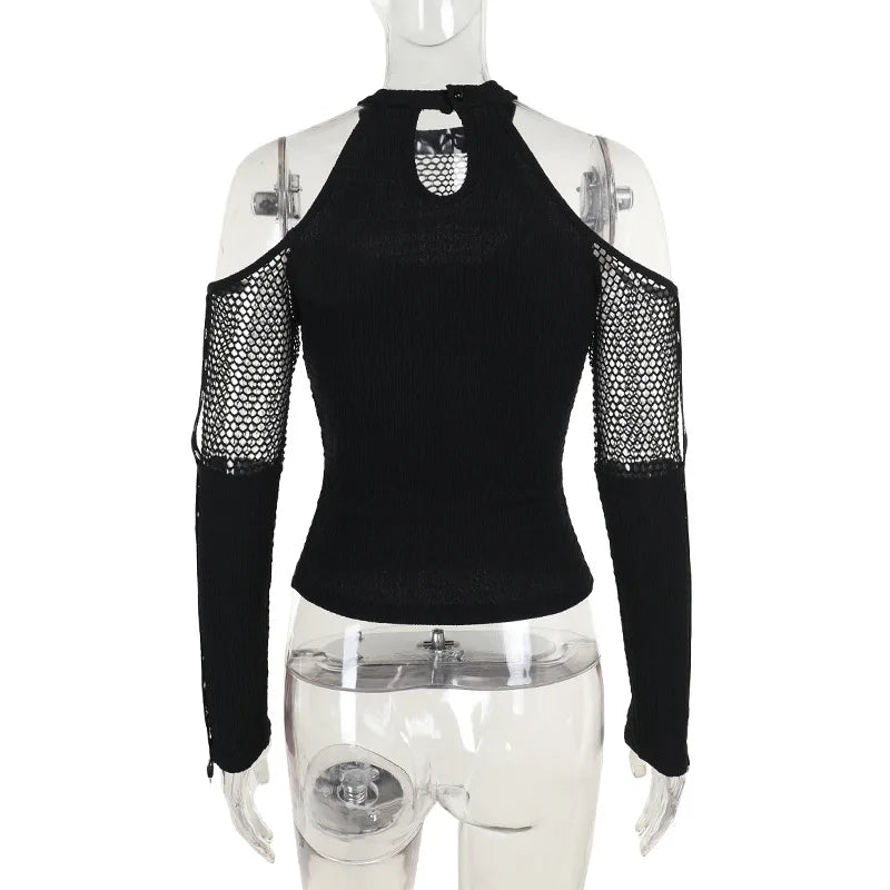 Women's Goth Dark Punk Fishnet Patchwork Off-Shoulder T-Shirt | Halter Crop Top Mall Gothic Streetwear
