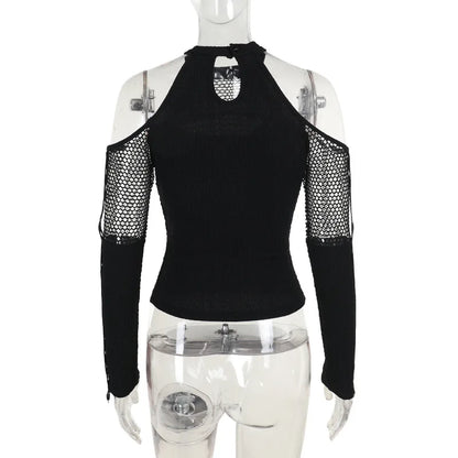 Women's Goth Dark Punk Fishnet Patchwork Off-Shoulder T-Shirt | Halter Crop Top Mall Gothic Streetwear