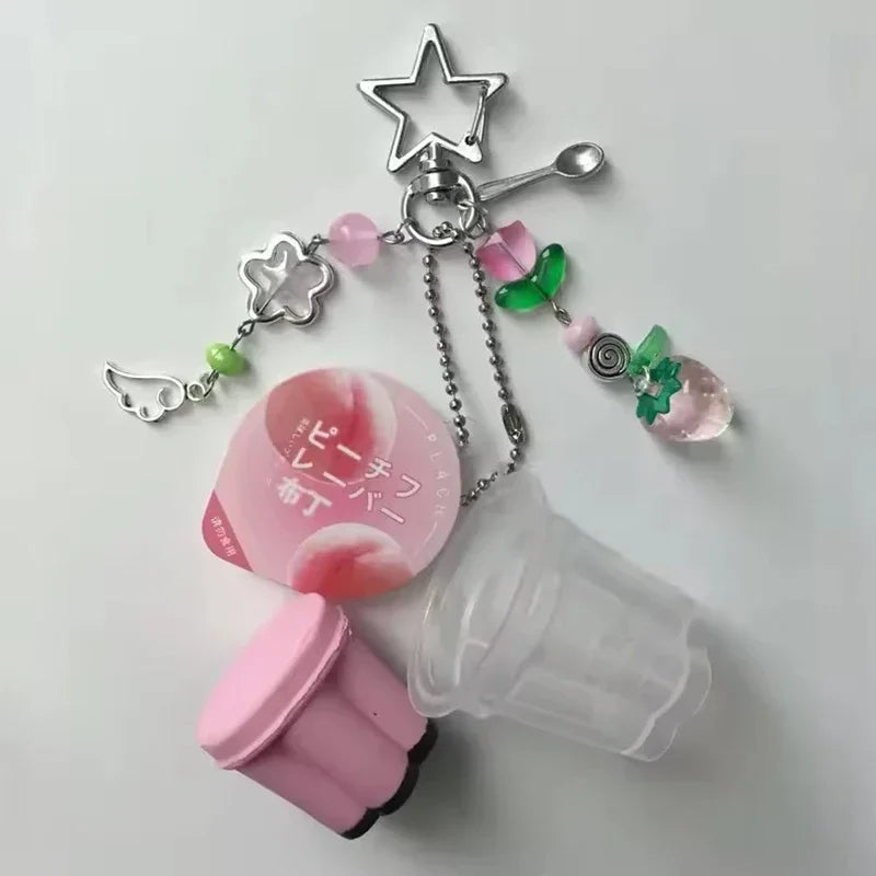 Love Heart Japanese Pudding Keychain | Y2K Retro Aesthetic Egg Flan Charm Beaded Accessory