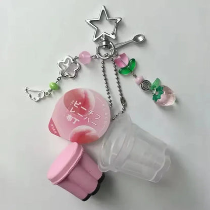 Love Heart Japanese Pudding Keychain | Y2K Retro Aesthetic Egg Flan Charm Beaded Accessory