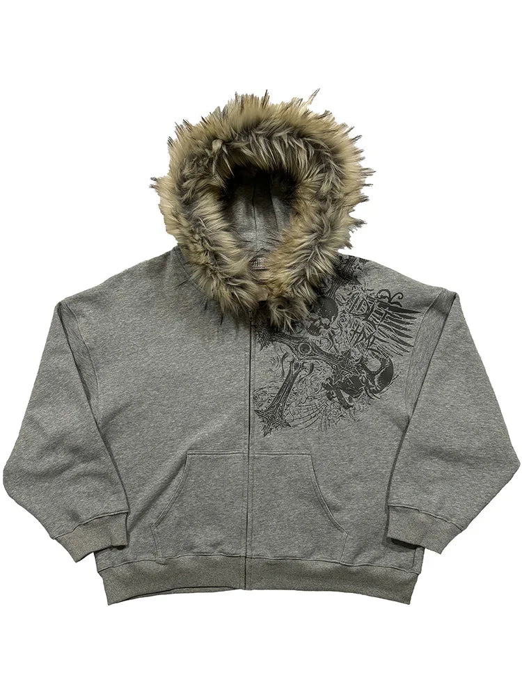 Women's Y2K Faux Fur Collar Pullover Hoodie – Gothic Graphic Sweatshirt