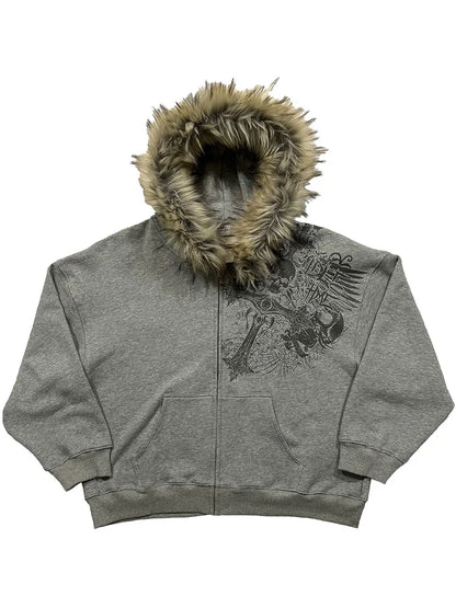 Women's Y2K Faux Fur Collar Pullover Hoodie – Gothic Graphic Sweatshirt