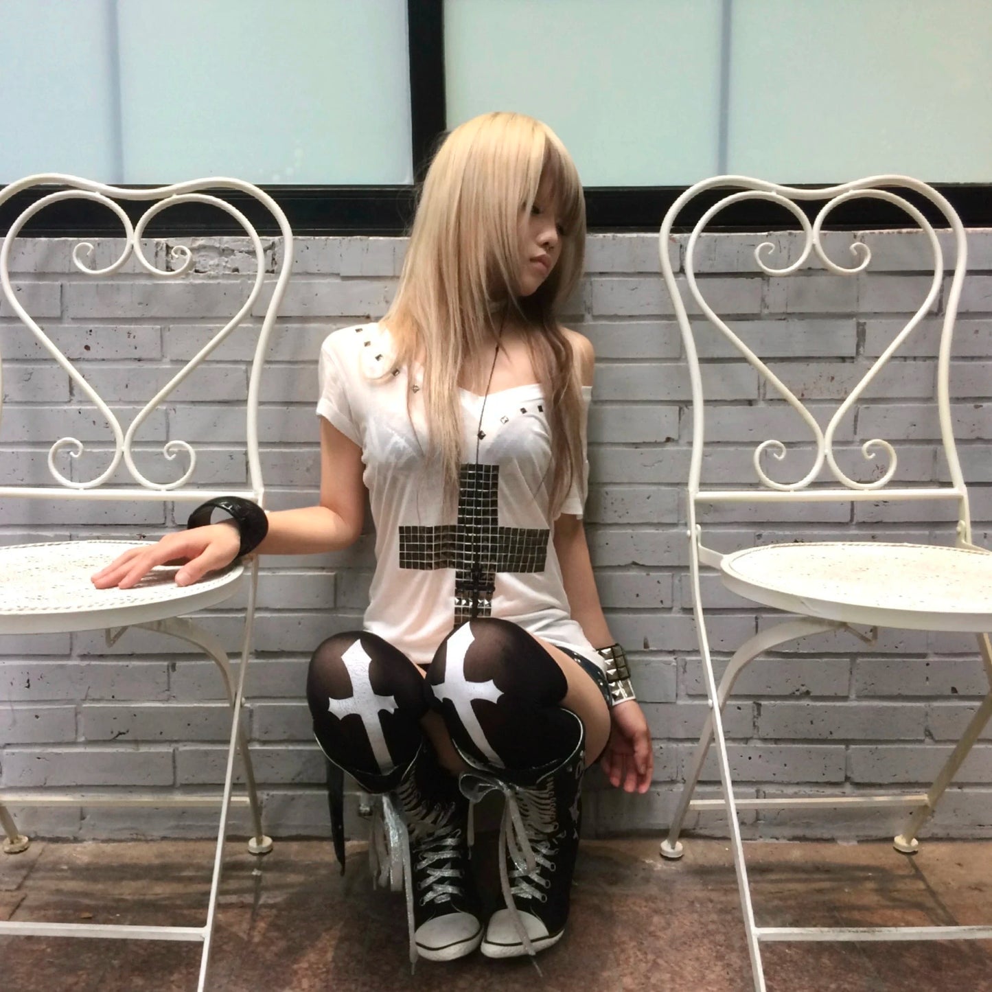 Women's Japanese Y2K Metal Cross Print T-Shirt | Harajuku Sheer Short Sleeve Streetwear Grunge Top