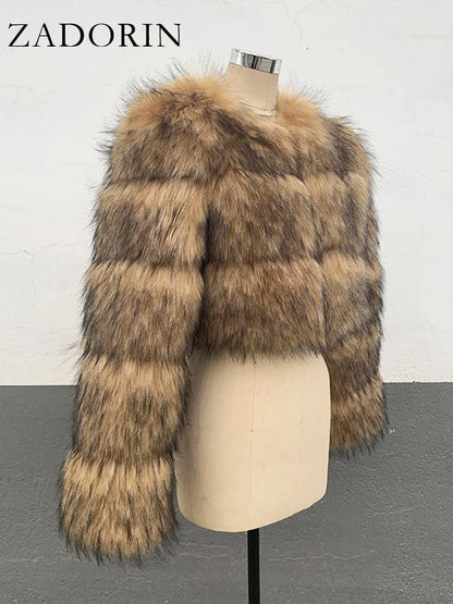 Cropped Faux Raccoon Fur Jacket for Women