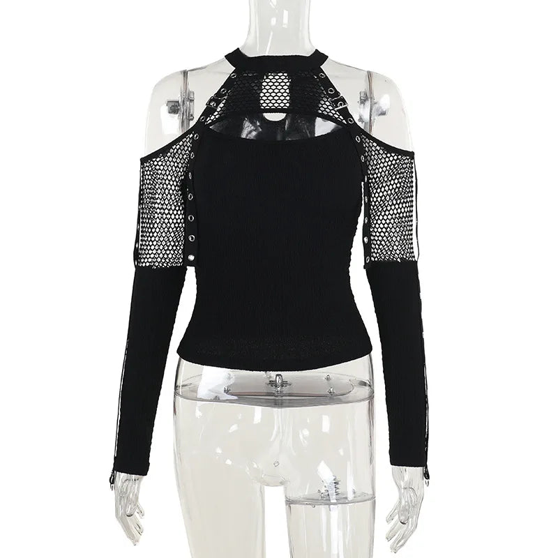 Women's Goth Dark Punk Fishnet Patchwork Off-Shoulder T-Shirt | Halter Crop Top Mall Gothic Streetwear