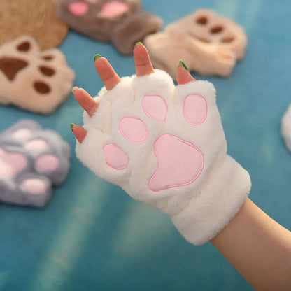 Cat Paw Plush Mittens – Cute Fingerless Fluffy Gloves for Women