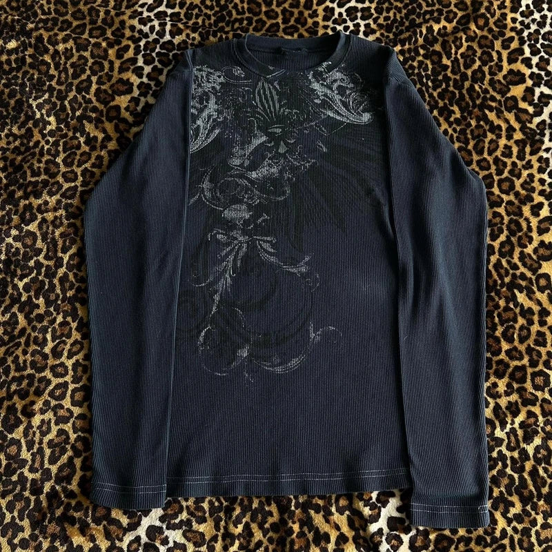 Women's Y2K Grunge Skull Graphic Thermal T-Shirt | 90s Vintage Aesthetic Long Sleeve Pullover Top