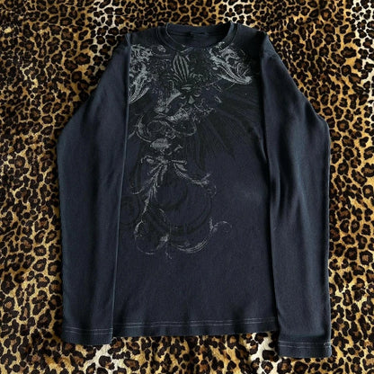 Women's Y2K Grunge Skull Graphic Thermal T-Shirt | 90s Vintage Aesthetic Long Sleeve Pullover Top