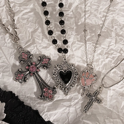 Y2K Rhinestone Heart and Cross Pendant Necklace for Women
