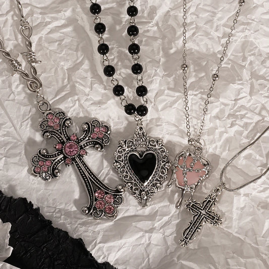 Y2K Rhinestone Heart and Cross Pendant Necklace for Women