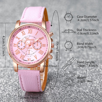 Women's Fashion Quartz Watch & Jewelry Set | 5/6pcs Heart Rhinestone Leather Band Wristwatch