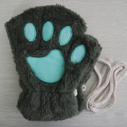 Cat Paw Plush Mittens – Cute Fingerless Fluffy Gloves for Women