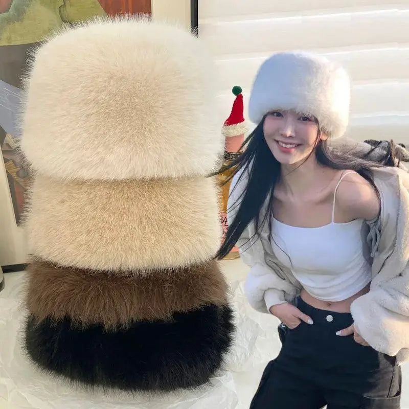 Women's Fluffy Faux Fur Winter Hat – Warm Windproof Bucket & Bomber Cap