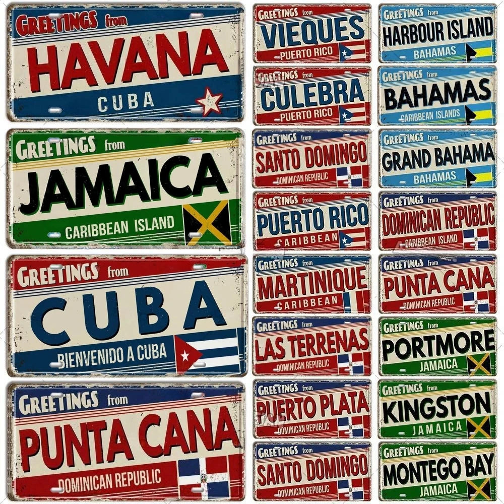 Caribbean Destination Metal Sign – Vintage Aluminum Wall Decor (30x15cm)