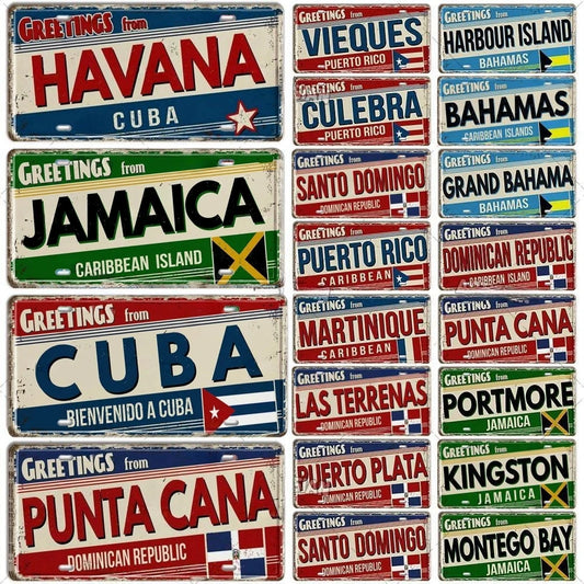 Caribbean Destination Metal Sign – Vintage Aluminum Wall Decor (30x15cm)