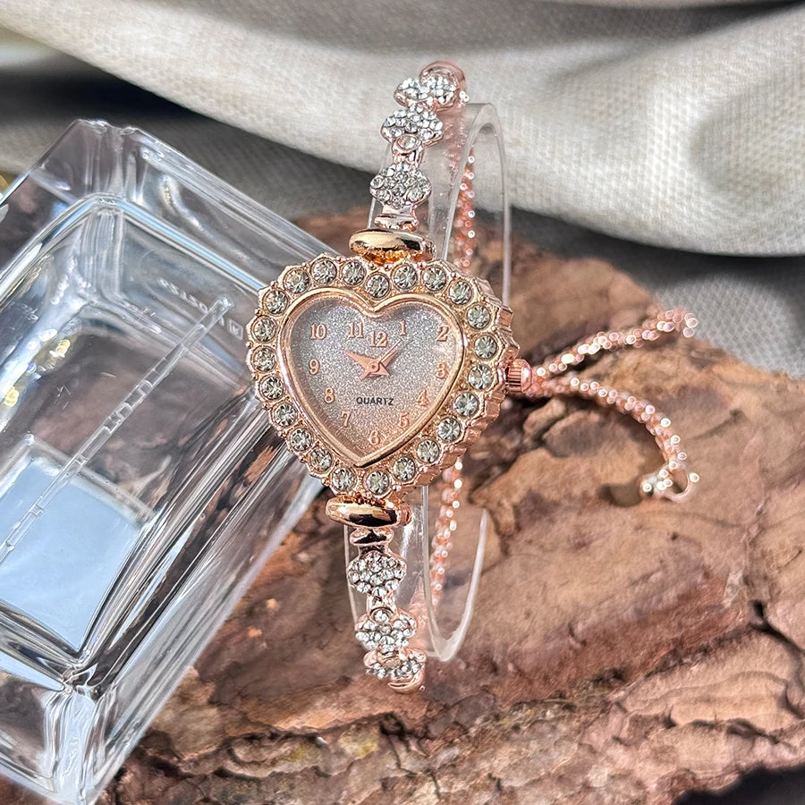 Women's Heart-Shaped Ribbon Strap Diamond Watch | Adjustable Bracelet Fashion Wristwatch