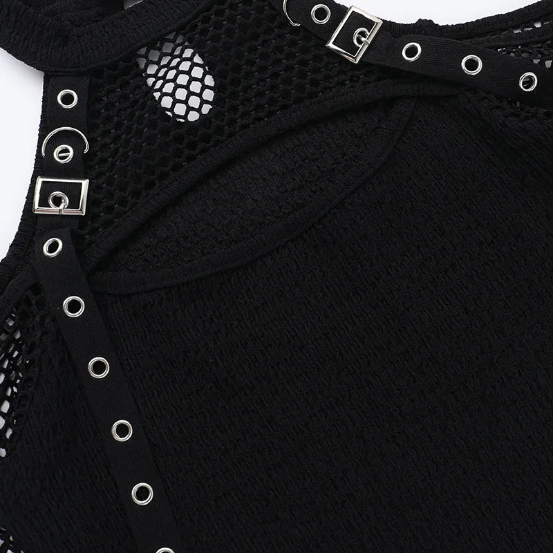 Women's Goth Dark Punk Fishnet Patchwork Off-Shoulder T-Shirt | Halter Crop Top Mall Gothic Streetwear