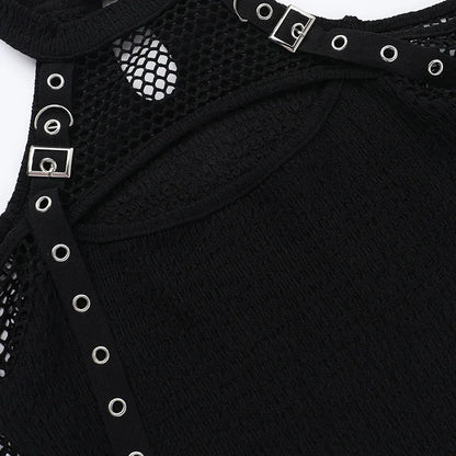 Women's Goth Dark Punk Fishnet Patchwork Off-Shoulder T-Shirt | Halter Crop Top Mall Gothic Streetwear