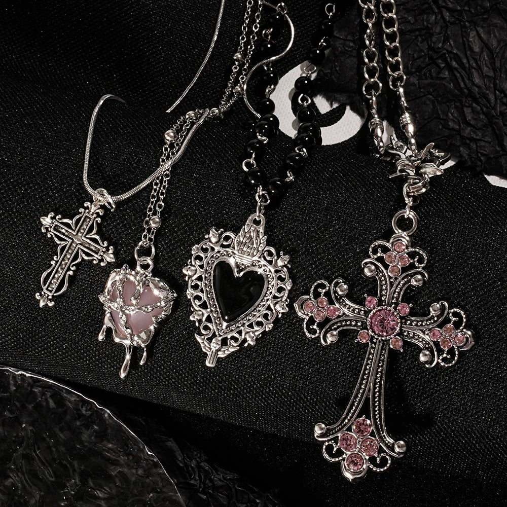 Y2K Rhinestone Heart and Cross Pendant Necklace for Women