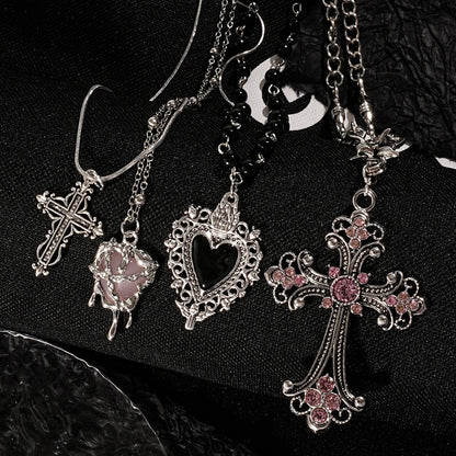 Y2K Rhinestone Heart and Cross Pendant Necklace for Women