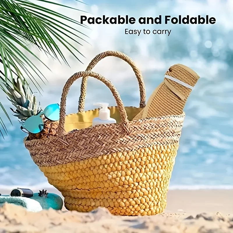 Women's Foldable Wide Brim Straw Beach Hat – UV Protection Sun Cap