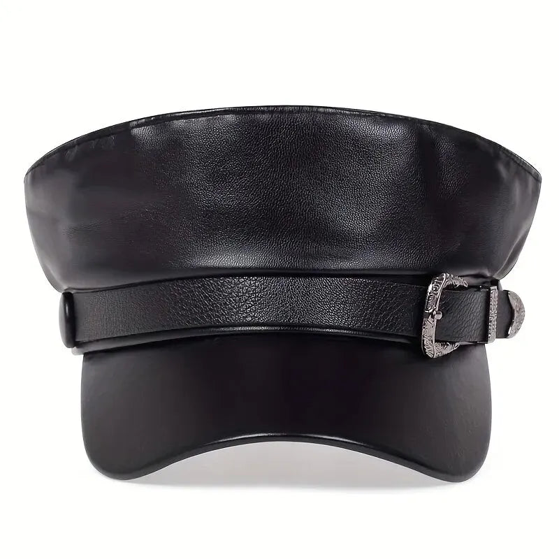 Unisex Large Belt Buckle Leather Beret | Spring Autumn Sailor Flat Top Military Cap for Men & Women